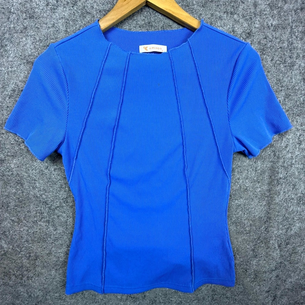 Kirundo Top Womens Small Blue Stretch Ribbed Slim Fit Athletic Cut Workout Gym‎